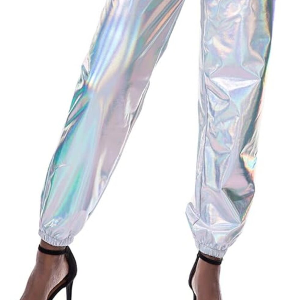 Holographic Metallic Jogger Pants | Silver Iridescent Streetwear | Size M